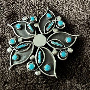 Zuni Flower Pin (or Pendant) with turquoise set in sterling silver - never worn